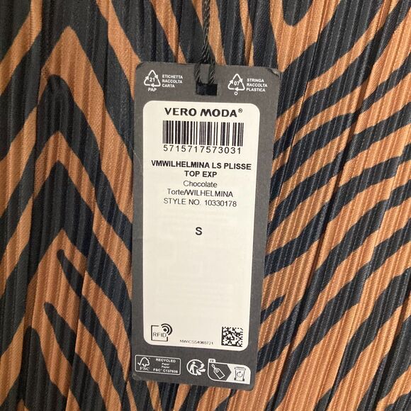 Vero Moda Wilhelmina Plisse Top Chocolate Torte Stripe Print Women's Size Small - Picture 8 of 10